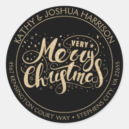Zwart en gouden zeer prettig kerstadres ronde sticker