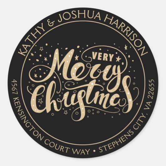 Zwart en gouden zeer prettig kerstadres ronde sticker (Voorkant)