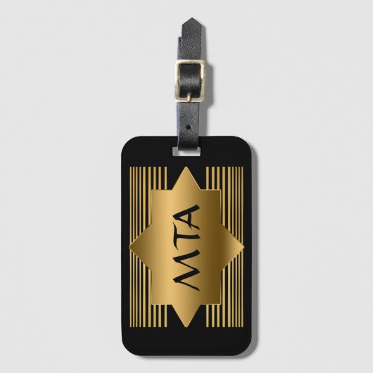 Zwart en goudgeometrisch gepersonaliseerd monogram bagagelabel (Voorkant (verticaal))