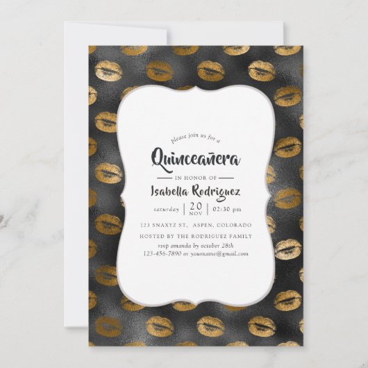 Zwart en goudglam lips Pattern Quinceañera Kaart (Voorkant)