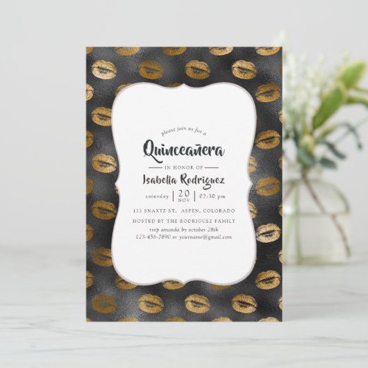 Zwart en goudglam lips Pattern Quinceañera Kaart (Staand voorkant)
