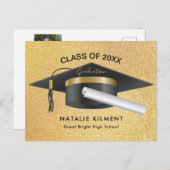 Zwart en goudglitter Afstuderen Pet Afstuderen Aankondigingskaart (Voorkant / Achterkant)