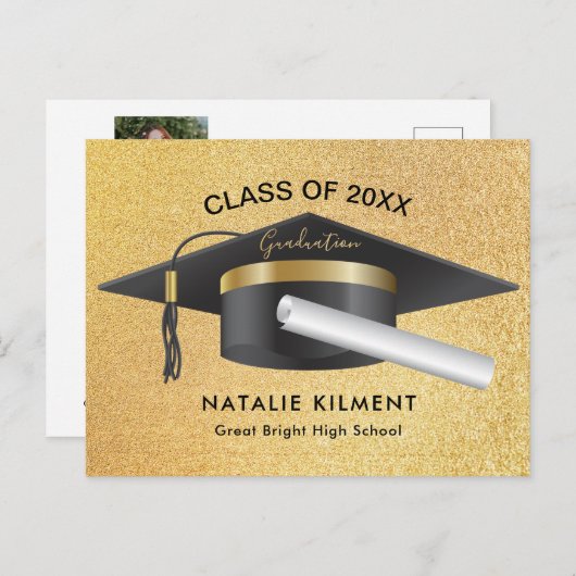 Zwart en goudglitter Afstuderen Pet Afstuderen Aankondigingskaart (Voorkant / Achterkant)