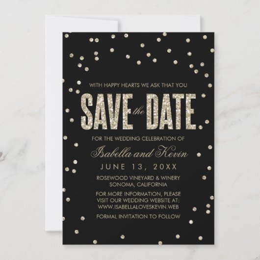 Zwart en goudglitter Kijk naar Confetti Bespaar op Save The Date (Voorkant)