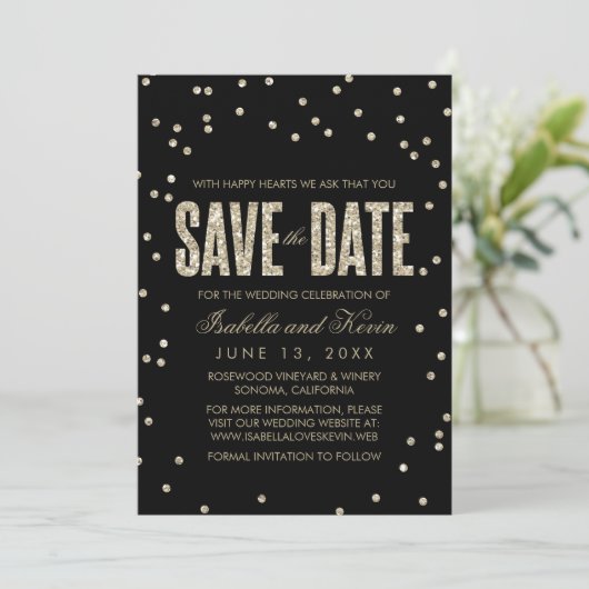 Zwart en goudglitter Kijk naar Confetti Bespaar op Save The Date (Staand voorkant)
