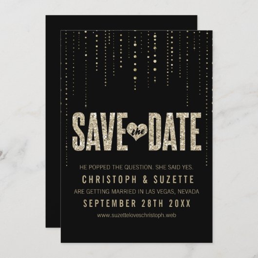 Zwart en goudglitter Opslaan datums Save The Date (Voorkant / Achterkant)
