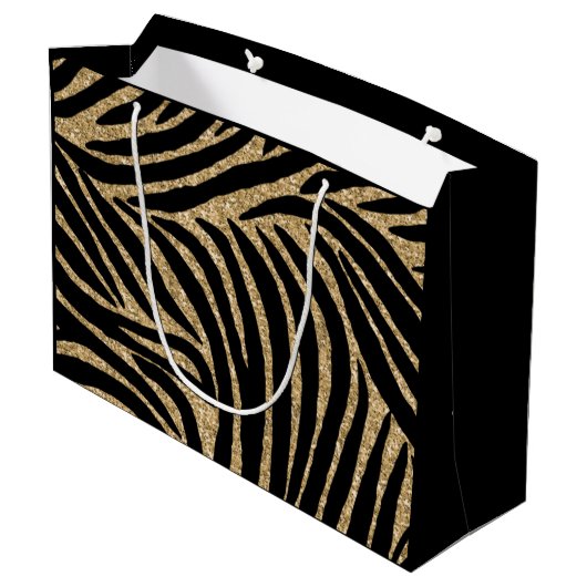 Zwart en goudglitter Zebra afdrukken Large Cadeautasje (Achterkant Gekanteld)