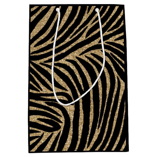 Zwart en goudglitter Zebra afdrukken Medium Cadeauzakje (Voorkant)
