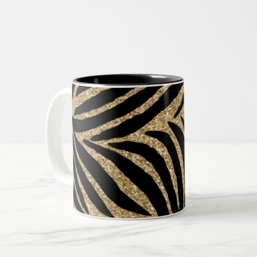 Zwart en goudglitter Zebra afdrukken Tweekleurige Koffiemok (Voorkant links)