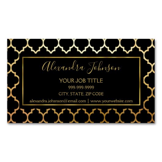 Zwart en goudgroen modern decopatroon magnetisch visitekaartje (Voorkant)
