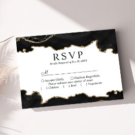 Zwart en goudmarmer Agate Modern Elegant Wedding RSVP Kaartje