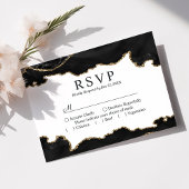 Zwart en goudmarmer Agate Modern Elegant Wedding RSVP Kaartje