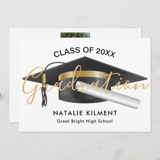 Zwart en goudmatig Afstuderen Pet Afstuderen Aankondiging (Voorkant / Achterkant)