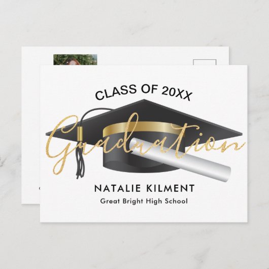 Zwart en goudmatig Afstuderen Pet Afstuderen Aankondigingskaart (Voorkant / Achterkant)
