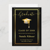 Zwart en goudmatig Afstuderen Pet Afstuderen Aankondigingskaart (Voorkant / Achterkant)