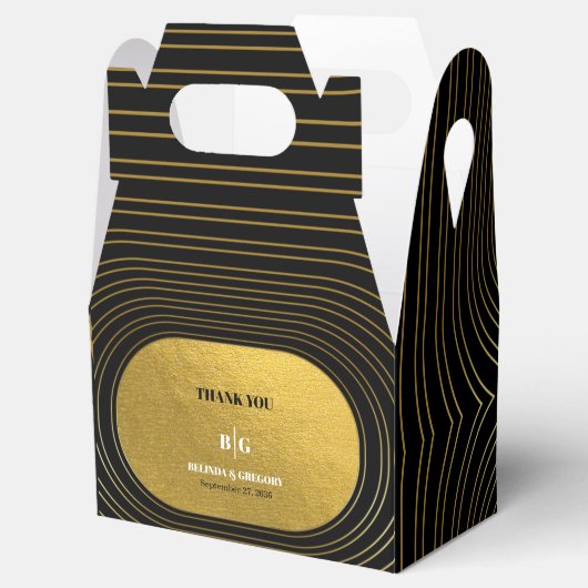 Zwart en goudmatig minimalistisch pleisterhuwelijk bedankdoosjes (Geopend)