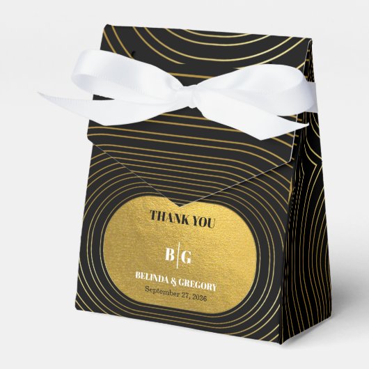 Zwart en goudmatig minimalistisch pleisterhuwelijk bedankdoosjes (Voorkant Zijde)