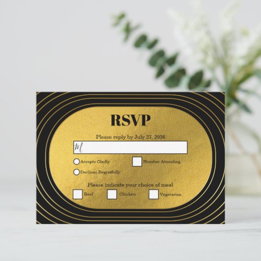 Zwart en goudmatig minimalistisch pleisterhuwelijk RSVP kaartje (Staand voorkant)