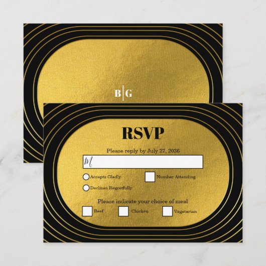 Zwart en goudmatig minimalistisch pleisterhuwelijk RSVP kaartje (Voorkant / Achterkant)