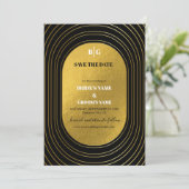 Zwart en goudmatig minimalistisch pleisterhuwelijk save the date (Staand voorkant)