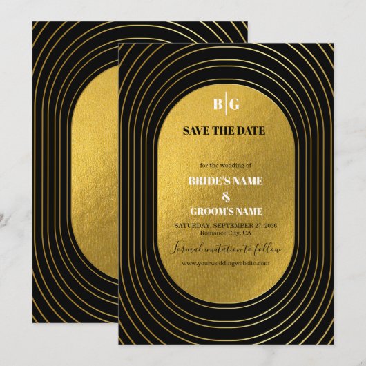 Zwart en goudmatig minimalistisch pleisterhuwelijk save the date (Voorkant / Achterkant)