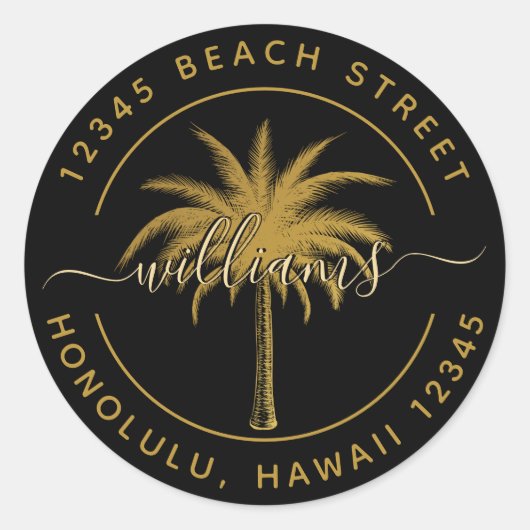 Zwart en goudpalm retouradres ronde sticker (Voorkant)