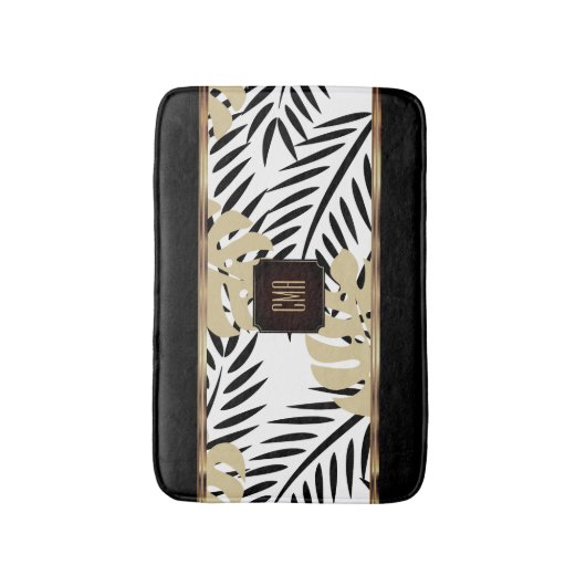 Zwart en goudpalmpatroon met monogram badmat (Voorkant Verticaal)