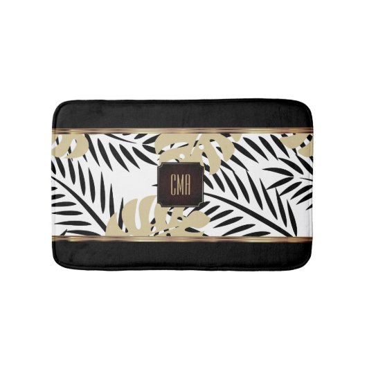 Zwart en goudpalmpatroon met monogram badmat (Voorkant)