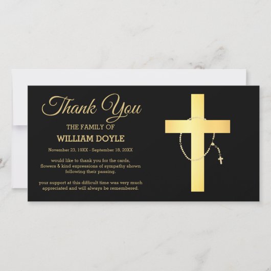 Zwart en goudrelig kruis en pijnlijke begrafenis bedankkaart (Voorkant)
