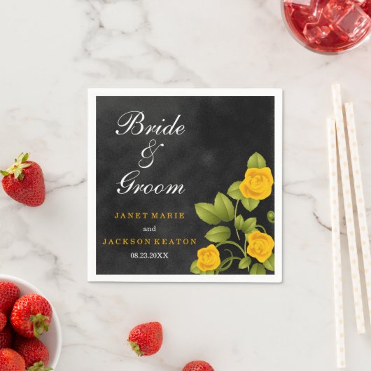 Zwart en goudsbloem gele roos bruiloft servet (Insitu)