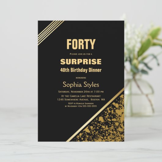 Zwart en goudverassing 40e geboortedag kaart (Staand voorkant)