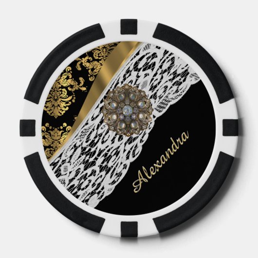 Zwart en goudvocht, wit kristal poker chips (Voorkant)