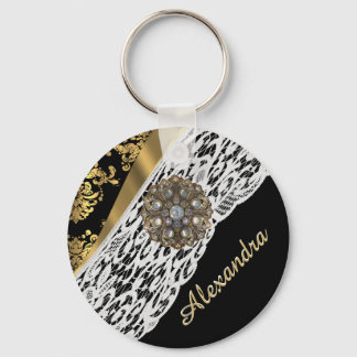 Zwart en goudvocht, wit kristal sleutelhanger