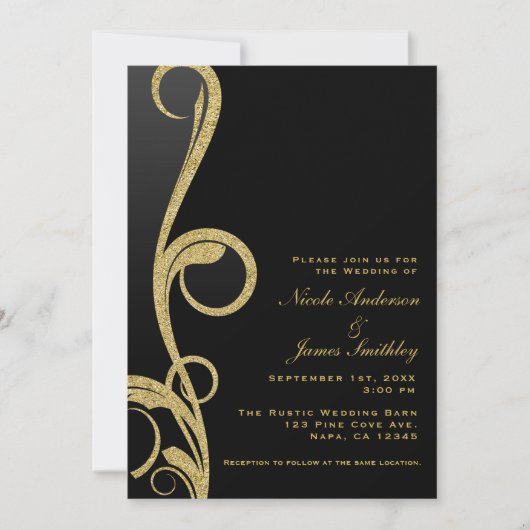 Zwart en goudvormig Glam Elegant Swirl Wedding Kaart (Voorkant)