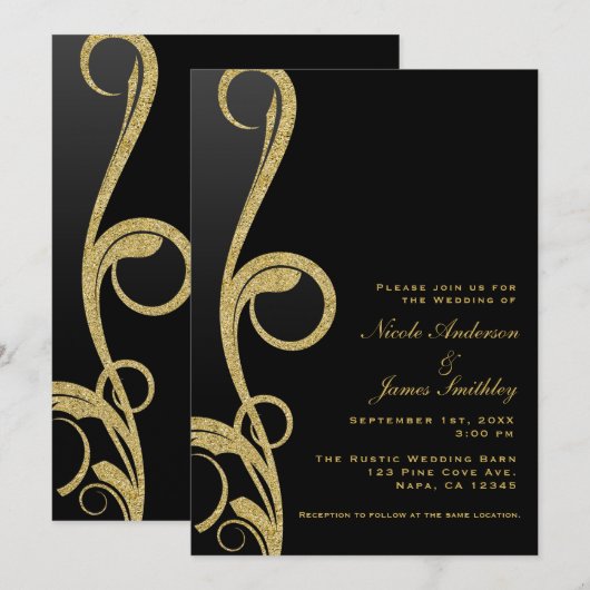 Zwart en goudvormig Glam Elegant Swirl Wedding Kaart (Voorkant / Achterkant)