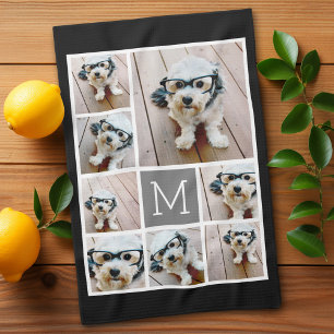 Zwart en grijs 8 foto collage klassiek monogram theedoek