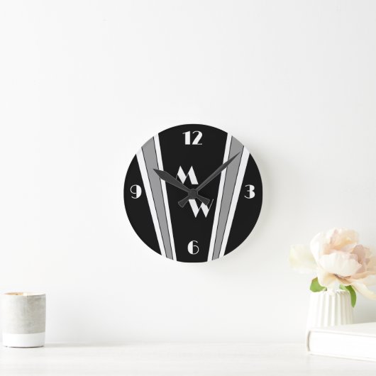 Zwart en grijs Art Deco Design monogram Ronde Klok (Huis)