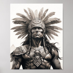 Zwart en grijs Aztec Warrior op witte achtergrond  Poster