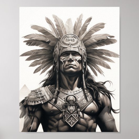 Zwart en grijs Aztec Warrior op witte achtergrond Poster (Voorkant)