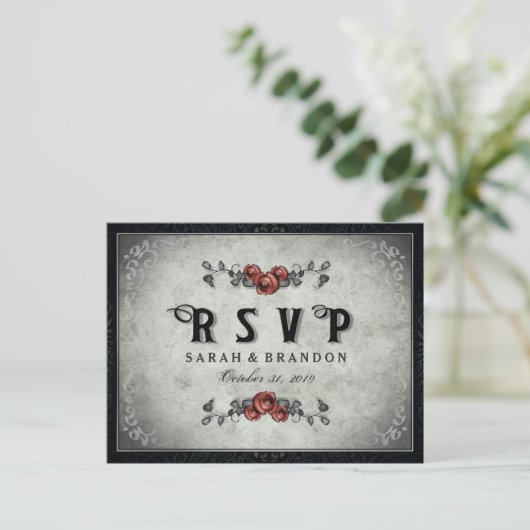 Zwart en grijs bijpassende Halloween RSVP-Briefkaa Uitnodiging Briefkaart (Staand voorkant)