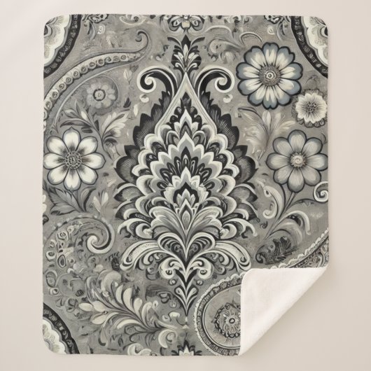 Zwart en grijs Bloemen Paisley Elegance Sherpa Deken (Voorkant)