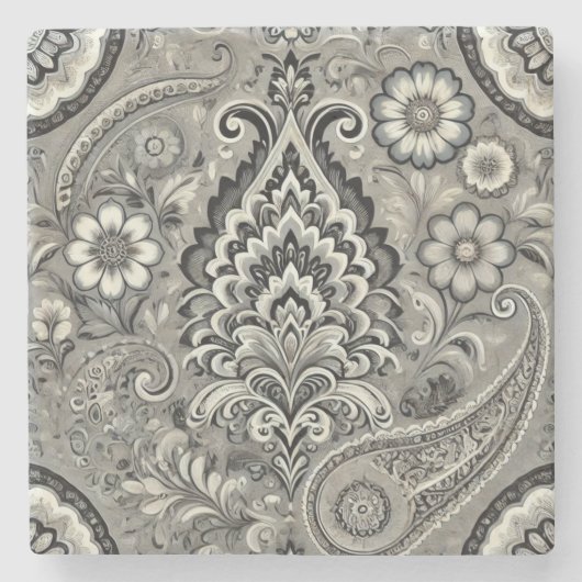 Zwart en grijs Bloemen Paisley Elegance Stenen Onderzetter (Voorkant)