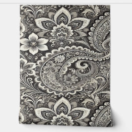 Zwart en Grijs Bloemen Paisley Patroon Behang