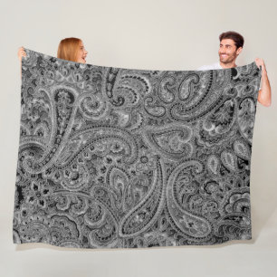 Zwart en Grijs Bloemen Paisley Patroon Fleece Deken