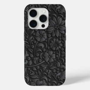 Zwart en grijs bloemenpatroon reliëf look iPhone 15 pro case
