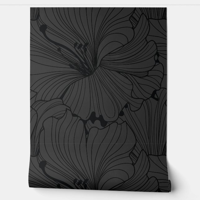 Zwart en grijs bloemenpatroon tegel behang (Afrollen)