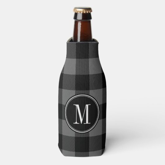 Zwart en grijs Buffalo geruit monogram Flesjeskoeler (Fles Voorkant)