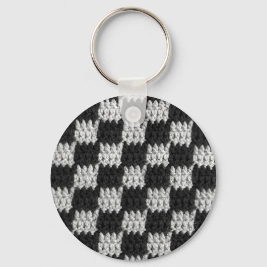 Zwart en grijs Chessboard Squares Crochet Afdrukke Sleutelhanger (Voorkant)