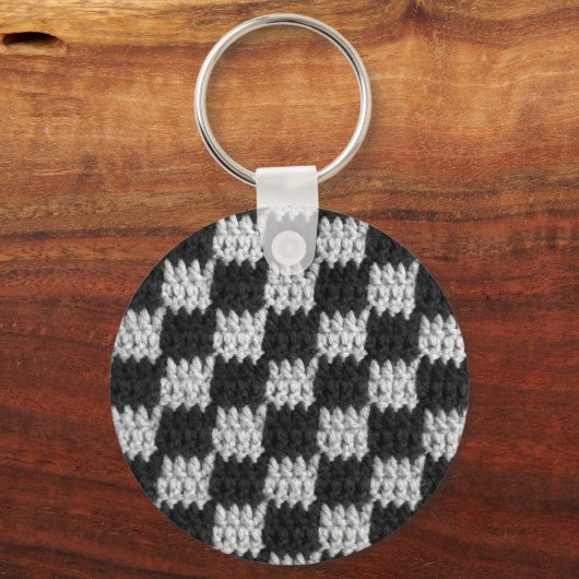Zwart en grijs Chessboard Squares Crochet Afdrukke Sleutelhanger (Voorkant)