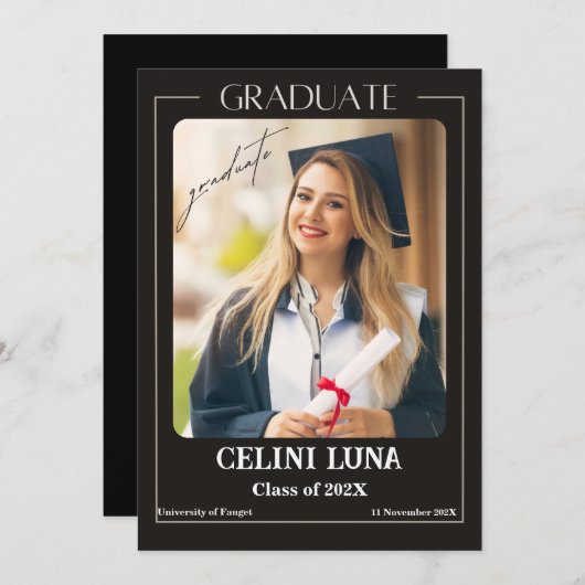 Zwart en grijs Classic Photo Afstuderen Aankondigi Kaart (Voorkant / Achterkant)